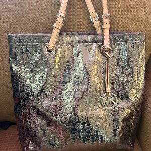 Michael Kors Holographic MK Logo Tote with Pink Handles